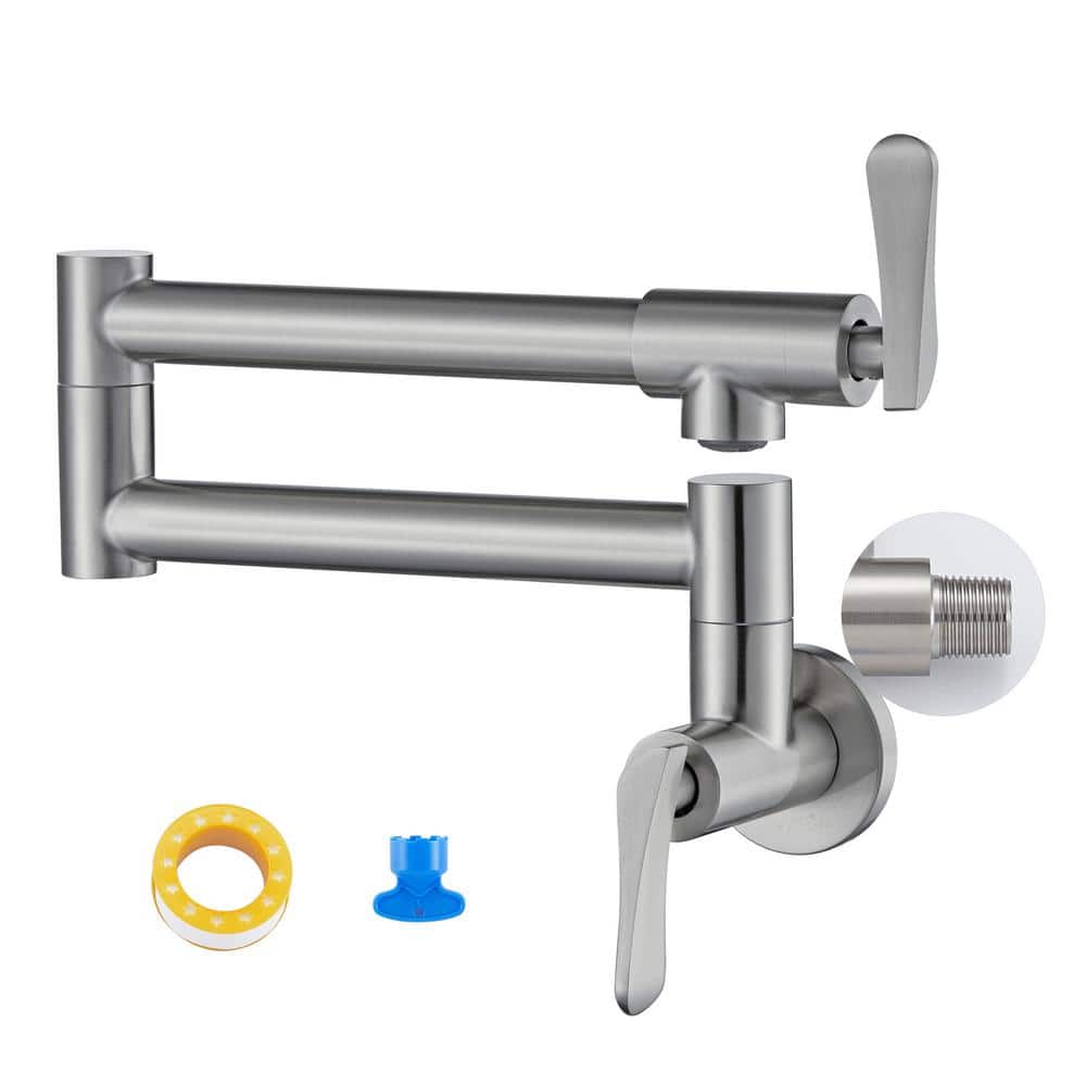 FORCLOVER Wall Mounted Pot Filler with Double Lever Handles in Brushed