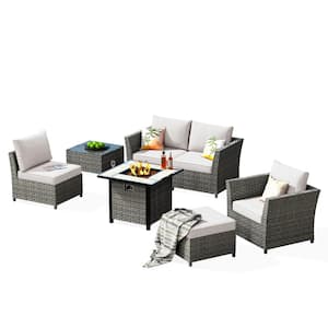 Bexley Gray 7-Piece Wicker Fire Pit Patio Conversation Seating Set with Bold-Stripe Beige Cushions