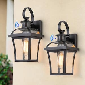 13.5 in. Matte Black Motion Sensing Dusk To Dawn Outdoor Hardwired Wall Lantern Sconce with No Bulb Included (2-Pack)
