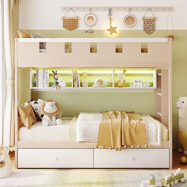 Nestfair Pink and White Twin over Twin Wood Bunk Bed with 2