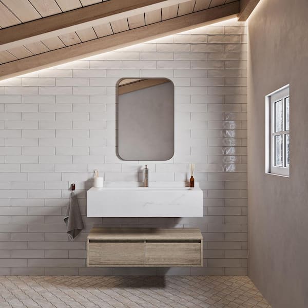Swiss Madison Avancer 36 in. W x 20 in. D x 17 in. H Wall-Mounted Bathroom Vanity in Calacatta and White Oak