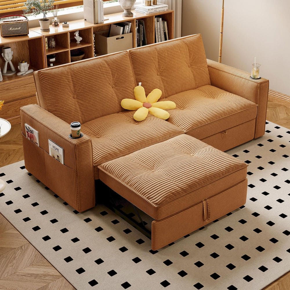 Boyel Living 73.2 in. Orange Corduroy Twin Size 2-Seat Sleeper