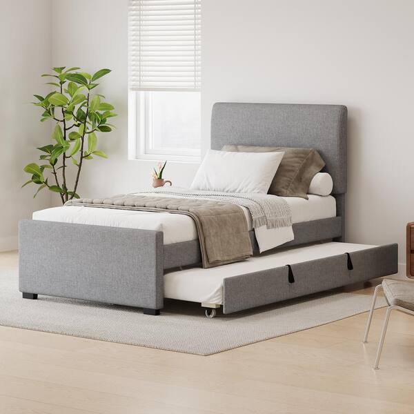 Harper & Bright Designs Gray Wood Frame Twin Size Linen Upholstered Platform Bed with Trundle Bed and Soft Padded Adjustable Headboard