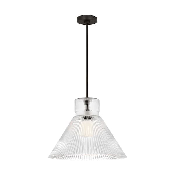 Liouet 18 in. W x 13.5 in. H 1-Light Midnight Black Transitional Pendant Light with Clear Ribbed Glass Shade