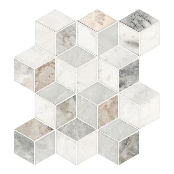 Arabescato Carrara Venato Cube 11 in. x 13 in. Mixed Marble Mesh-Mounted Mosaic Floor and Wall Tile (9.8 sq. ft./Case)