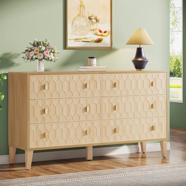 BYBLIGHT Helotes Oak 6-Drawers 55 in. W Chest of Drawers, Modern Accent Dresser with 6 Drawers and Solid Wooden Legs