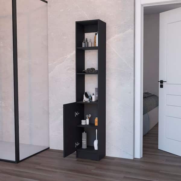 13 in. W x 10.4 in. D x 70.8 in. H Black Wood Linen Cabinet with Door and 3 Open Shelves