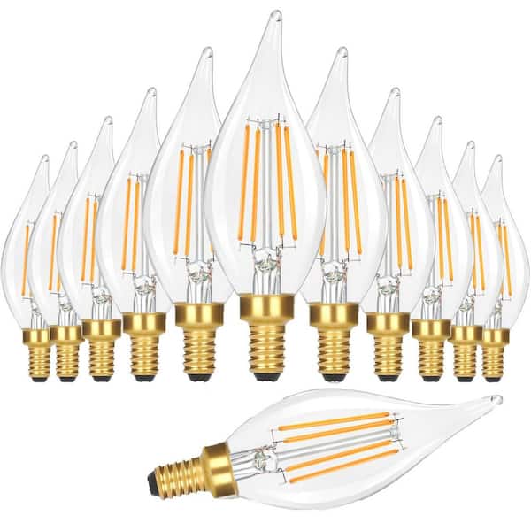 40-Watt Equivalent CA10 Dimmable Candelabra LED Light Bulbs 2700K Soft Warm White 460 LM Flame Tip Candle Light, 12-Pack