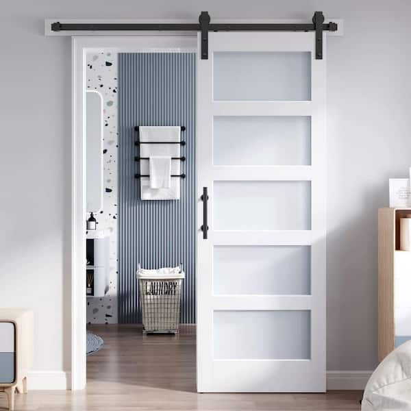 30 in. x 80 in. 5-Lite Frosted Glass White Finished MDF Wood Assembly Required Sliding Barn Door with Hardware Kit