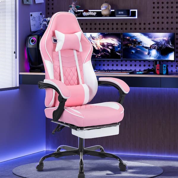 Leather Seat Reclining Ergonomic PC Gaming Chair in Pink with Massage Footrest Comfortable Headrest and Lumbar Support