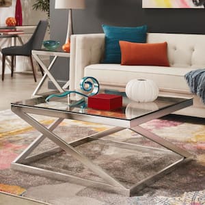 34 in. Silver Brushed Nickel Square Glass Coffee Table