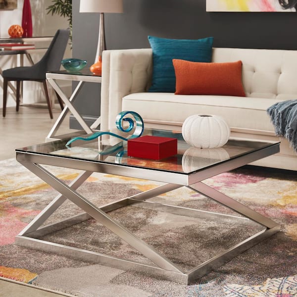 HomeSullivan 34 in. Silver Brushed Nickel Square Glass Coffee Table