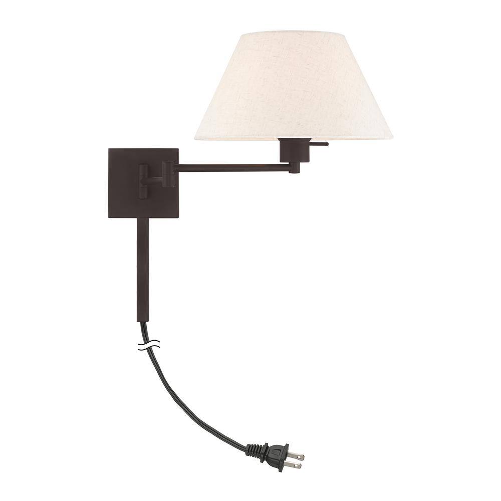 Bronze Finish Swing Arm Wall Lamp with Oatmeal Fabric Shade