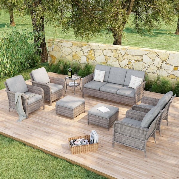 Sonkuki 8-Pieces Patio Conversation Set with Outdoor Armchair, Ottomans and Side Table Gray Wicker with Linen Gray Cushion