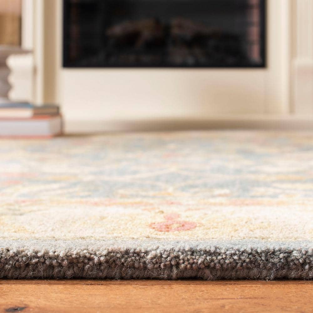 Light Blue Floral Handmade Wool 8' x 10' Area Rug
