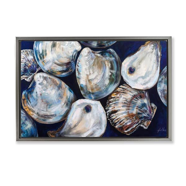 Stupell Industries Seashell Shore Finds by Jeanette Vertentes Gray Floater Frame Coastal Graphic Art Print 21 in. x 31 in.