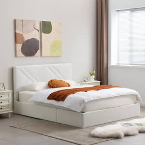 Cream White Plywood Frame Full Upholstered Platform Bed with Lifting Storage