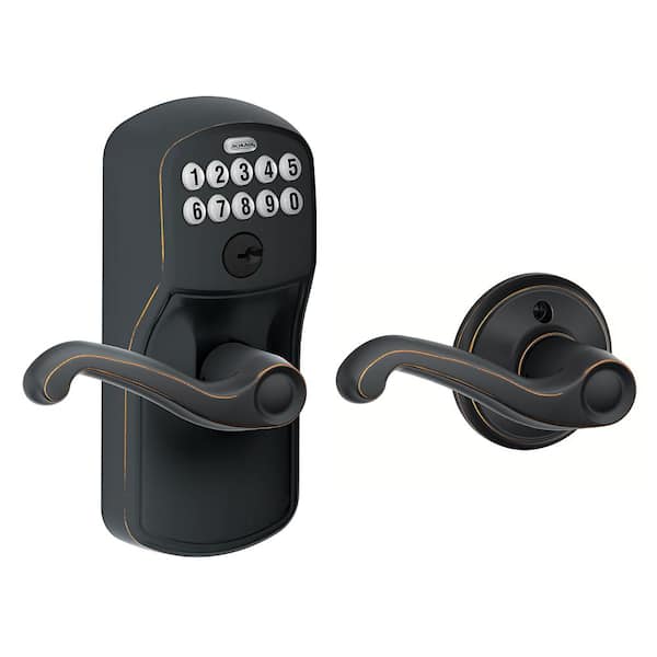Schlage Plymouth Aged Bronze Electronic Keypad Door Lock with Flair Handle and Auto Lock