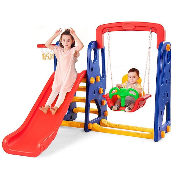 Costway TY325114+ 3 in 1 Junior Children Climber Slide Swing Seat Basketball Hoop Playset - 2