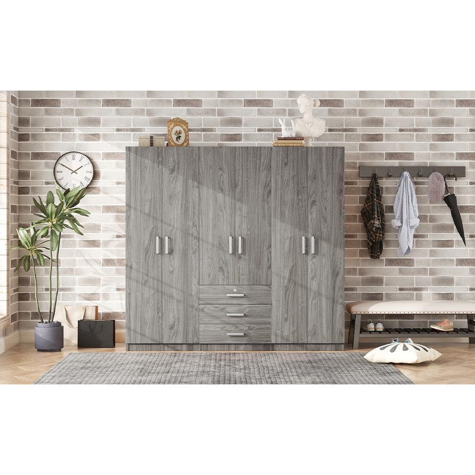 White Wood 70.9 in. 6-Door Wardrobe Armoire with 3-Drawers, 5-Storage Shelves and 3-Hanging Rails - thumbnail 9