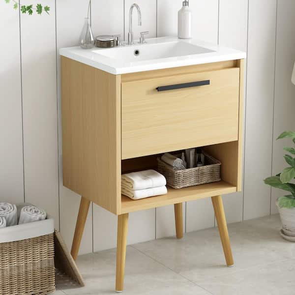 24 in. Single Sink Freestanding Wood Bath Vanity with White Ceramic Top Unassembled