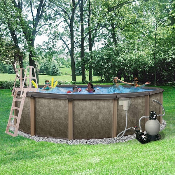Blue Wave Riviera 27 ft. Round x 54 in. Deep Metal Wall Above Ground Pool Package with 8 in. Top Rail