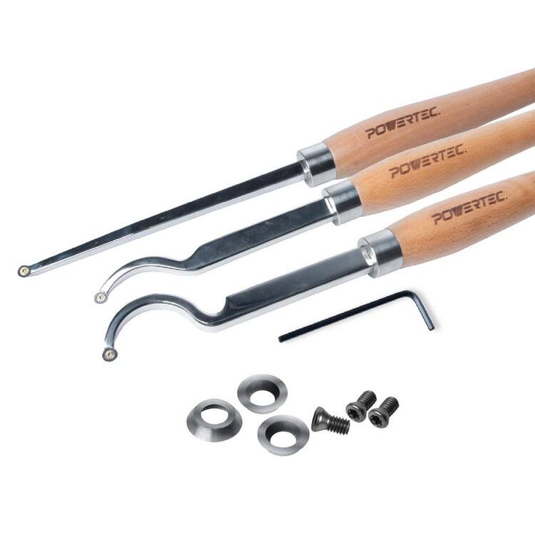 &lrm;POWERTEC 3PCS Carbide Lathe Tools with 3PCS Tungsten Carbide Cutter Insert Set, Wood Lathe Tools with Replaceable Blade