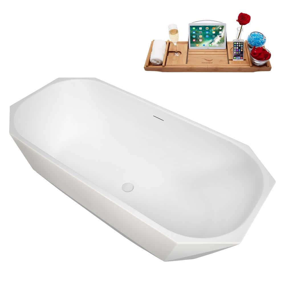 63" Glossy White Acrylic Freestanding Double Slipper Bathtub with Bamboo Tray