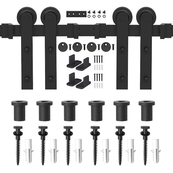 WINSOON 8 ft./96 in. Frosted Black Strap Sliding Barn Door Track Hardware Kit for Double Wood Doors Non-Routed Floor Guide