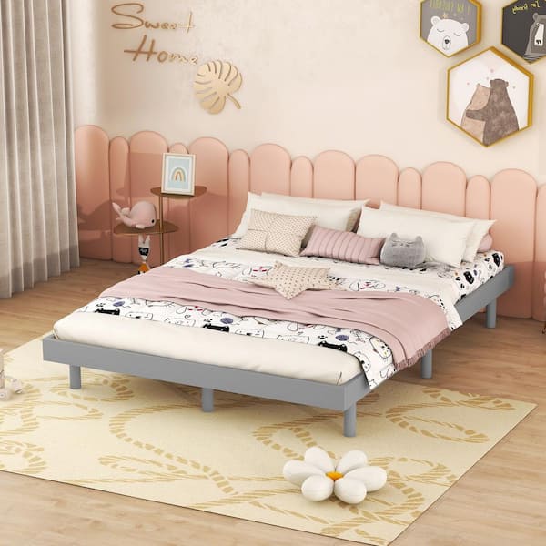 Harper & Bright Designs Gray Wood Frame Full Size Modern Platform Bed with 6-Solid Rubberwood Legs