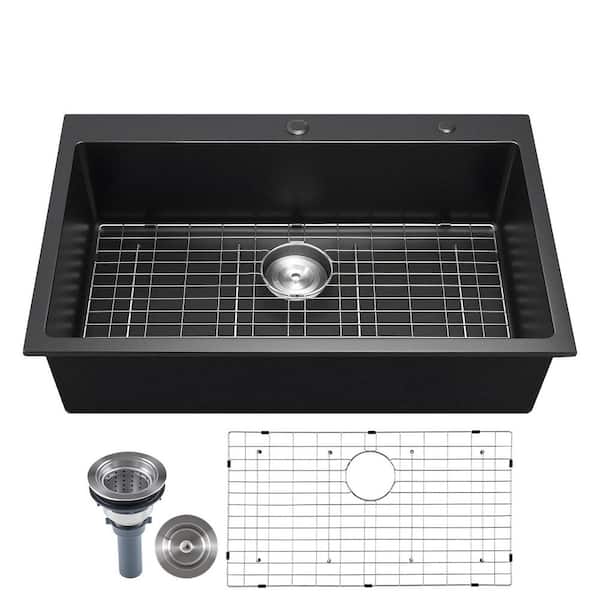 33 in. Kitchen Sink Workstation, Top Mount Granite Sinks, Drop-In Quartz Single Bowl Farmhouse Basin with Accessories