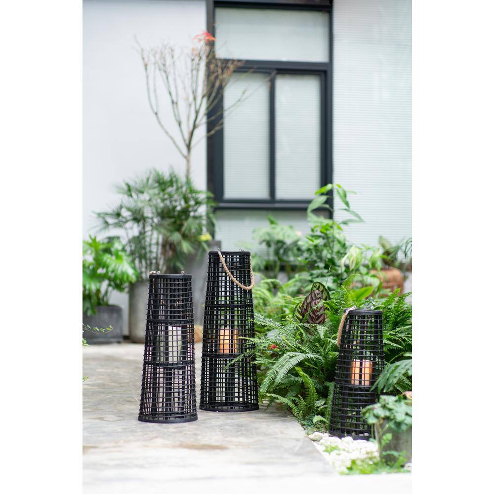 Black Bamboo and Glass Hanging Hurricane Lantern
