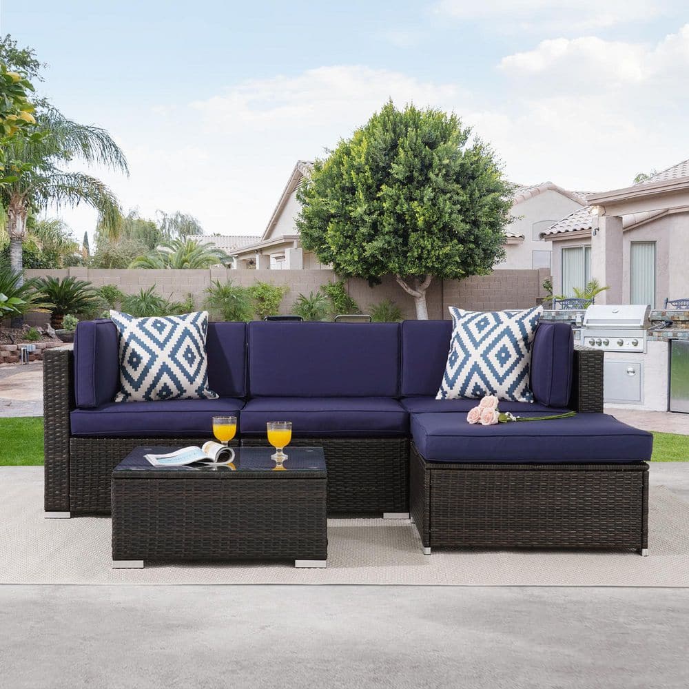 5-Pieces PE Rattan Wicker Outdoor Conversation Sectional Sofa Sets Sofa Sets With Tempered Glass Table in Navy Blue price history on PriceWatchPro