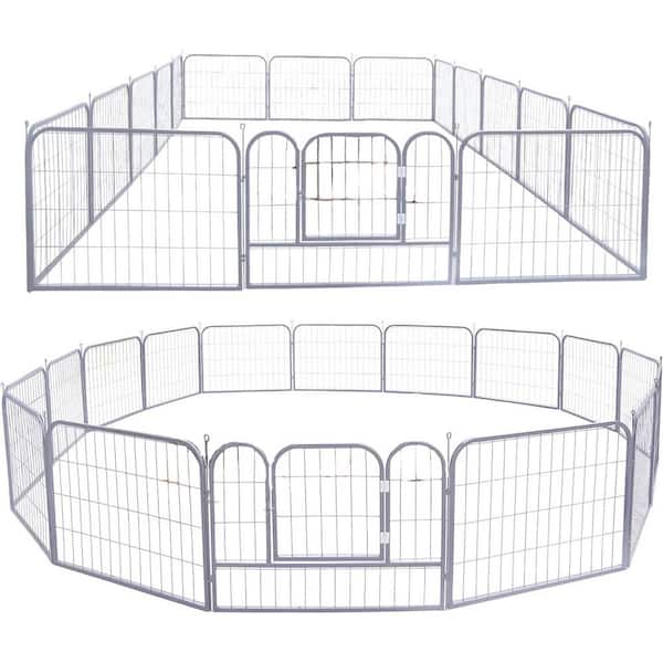 FUFU&GAGA 24 in. H Silver Dog Panels Pet Pen, Portable Dog Fence with Door Foldable Metal Dog Exercise Playpen for Yard(16 Panels)
