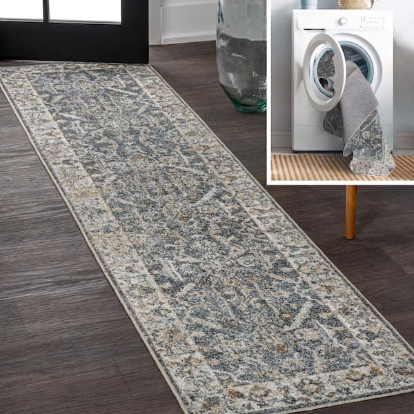 JONATHAN Y Dark Gray/Cream 2 ft. x 8 ft. Brandy Rustic Border Low-Pile Machine-Washable Runner Rug