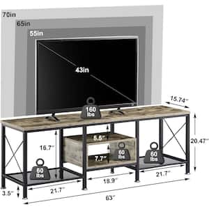 Industrial TV Stand Television Cabinet 3-Tier Console with Open Storage Shelves 63 in. Gray