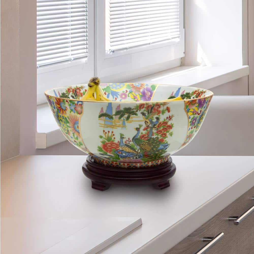 Oriental Furniture 14 in. White Satsuma Birds and Flowers Porcelain Bowl