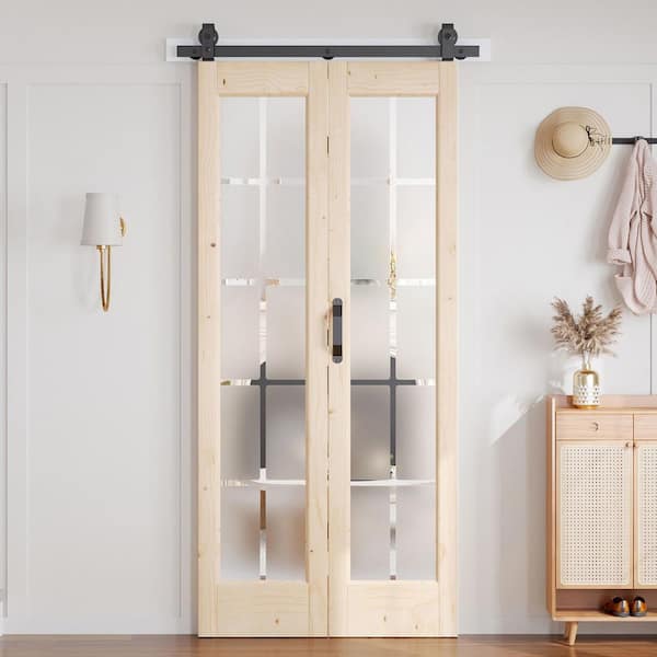 36 in. x 84 in. Full Lite Pre-Assembled Frosted Glass Solid Core Brown Wood Bi-fold Door with Hardware
