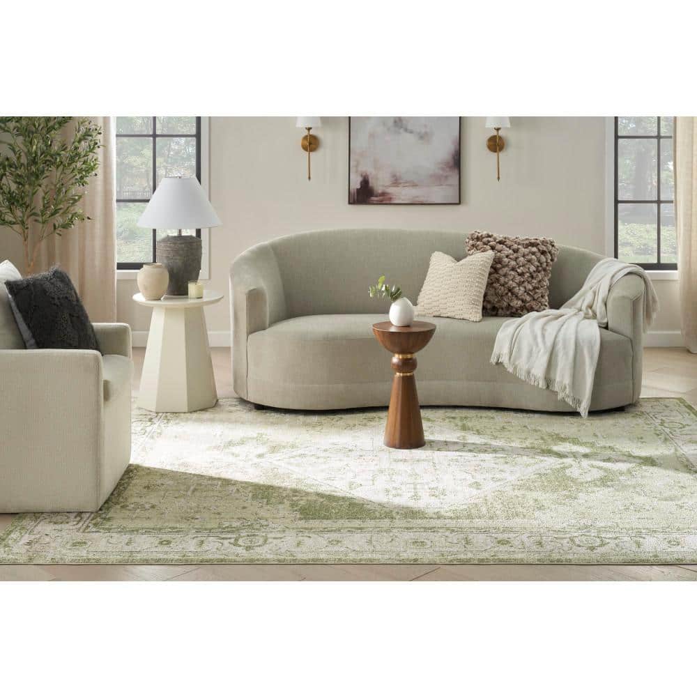 Ivory Green Floral Medallion Machine Washable Area Rug 8x10
