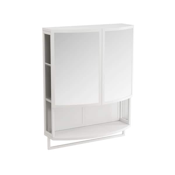 24 in. W x 31.5 in. H Arched Wall Mounted White Metal Medicine Cabinet with Mirror and Towel Rack, Open Shelf