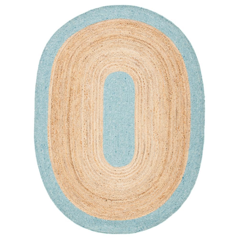 Handmade Blue and Natural Oval Braided Wool Cotton Rug 5' x 7'
