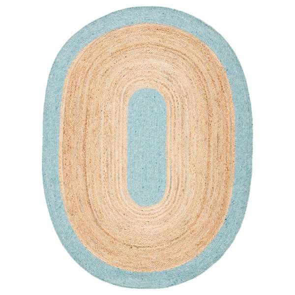 Braided 6 ft. x 9 ft. Oval Blue/Natural Solid Border Area Rug