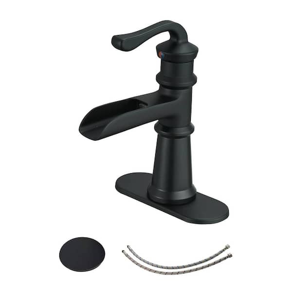 FLG Single-Handle Single-Hole Waterfall Bathroom Faucet with Pop Up Drain Assembly and Deckplate Included in Matte Black