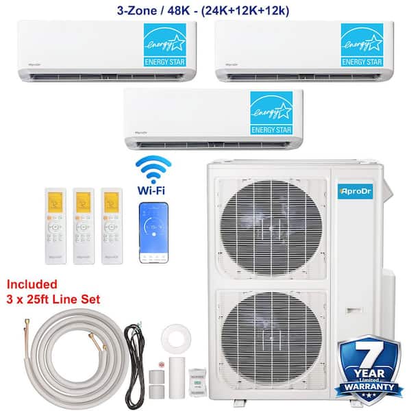 3-ZoneEnergy Star Wi-Fi 48,000 BTU 230V 21 SEER2 Mini Split AC with Heat Pump 24K-12K-12K BTU Heads, 25 ft. Lineset x 3
