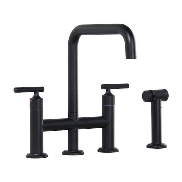 Brass Double Handle Bridge Kitchen Faucet, Deck Mount Kitchen Sink Faucet with Side Sprayer in Matte Black