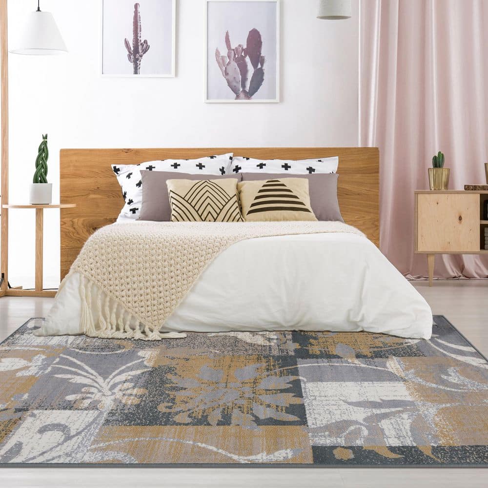 Elegant Camel Floral Patchwork Synthetic Area Rug, 5' x 8'