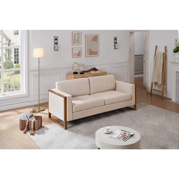 Timber Modern 79 in. Polyester Upholstered Square Arm 3-Seater Rectangle Sofa, Solid Wood Legs, Taupe + Walnut