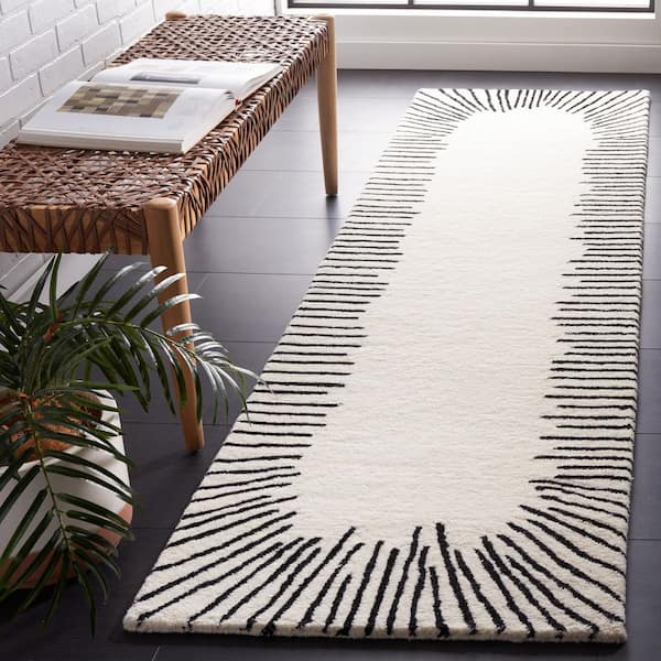 Fifth Avenue 2 ft. x 9 ft. Ivory/Black Orbital Striped Runner Rug