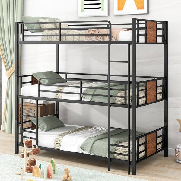 Harper & Bright Designs Brown Twin Size Metal Triple Bunk Bed with Wood ...