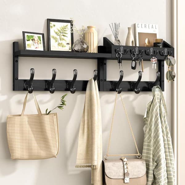 29 in. Black Coat Rack Wall Mount with Shelf, Entryway Key Holder
